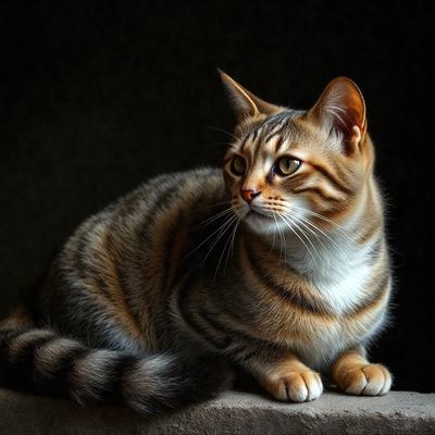 The primary subject of the image is a cat sitting on a stone surface. The cat is looking at the camera, and its fur is striped. The setting is a dark room, and the visual style appears to be a photo. The dominant colors in the image are black and orange, creating a moody atmosphere.